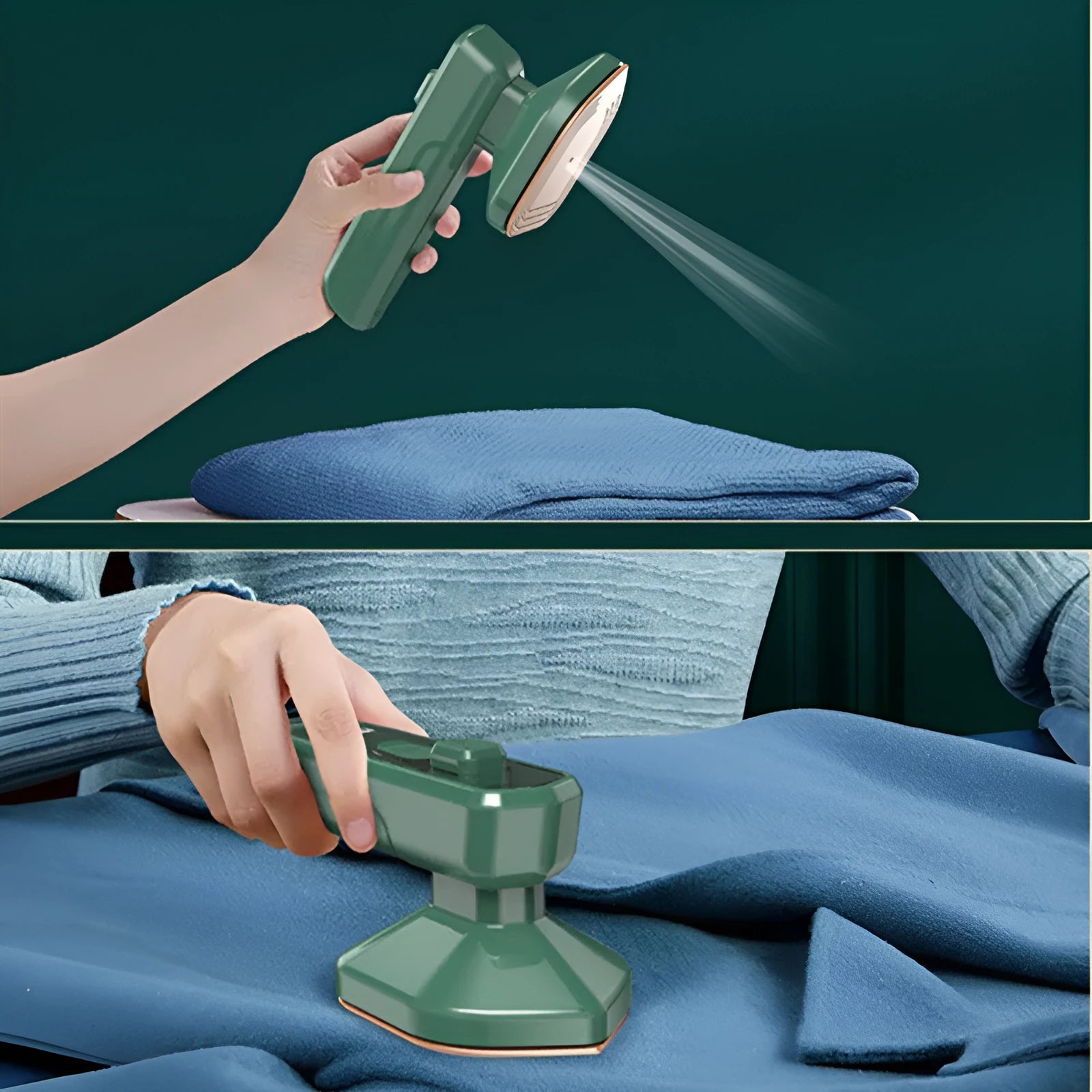 Dark green portable hanging steam iron machine with ceramic panel, shown for scale next to a mobile phone.
