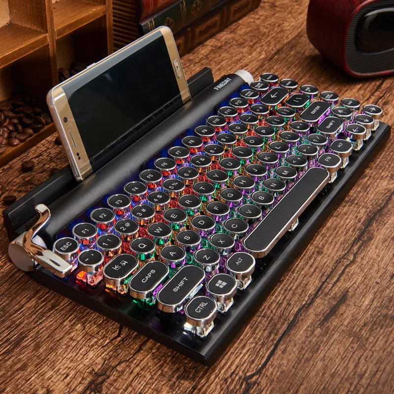 Black retro typewriter mechanical keyboard with Bluetooth connectivity and seven-colour backlight illumination