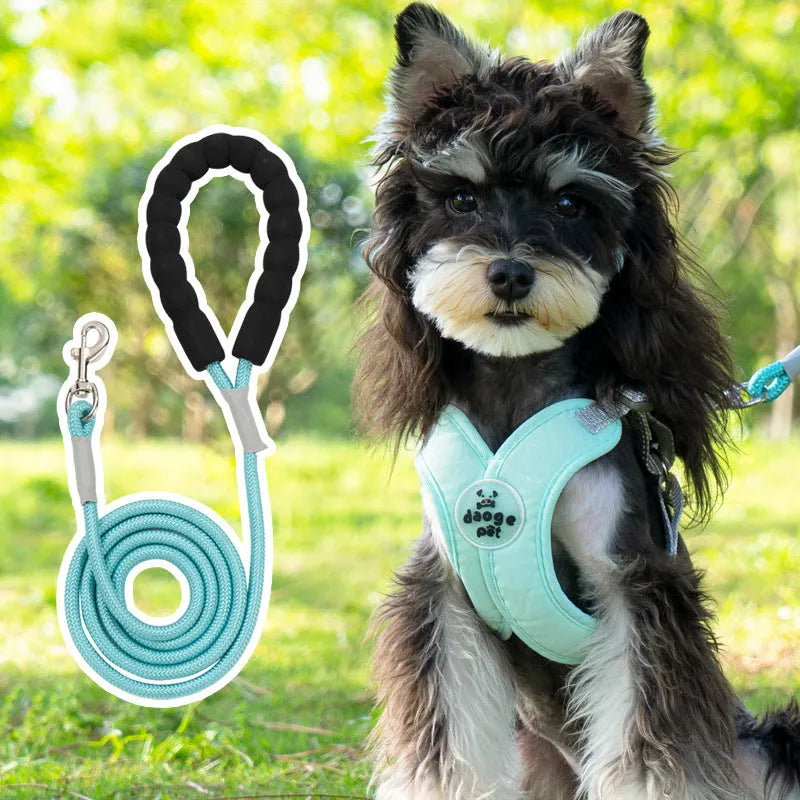 Polyester dog vest and rope leash set in blue, green, pink, or yellow colours