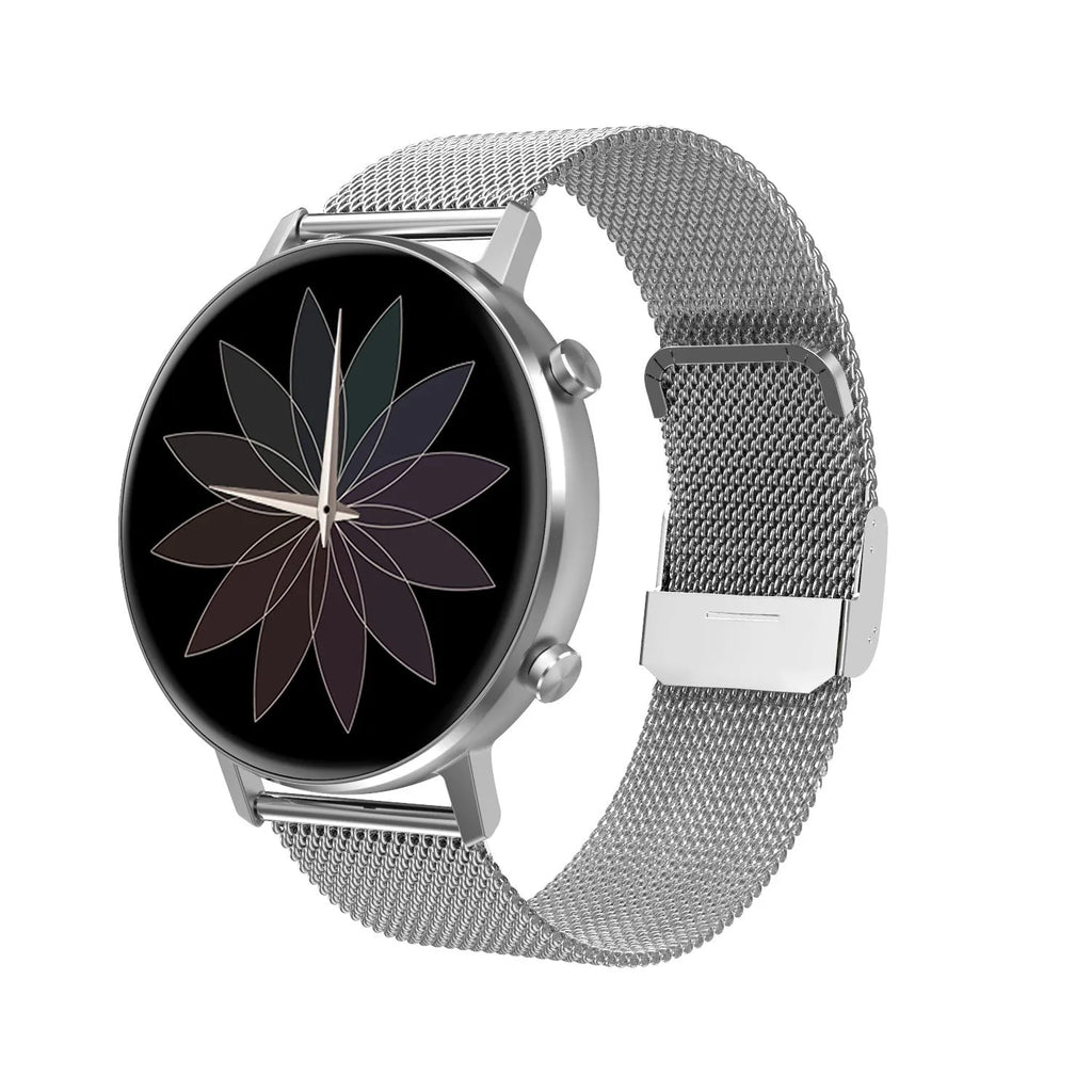 DT96 smart bracelet with steel strap on a wrist, showing its 1.3-inch display.