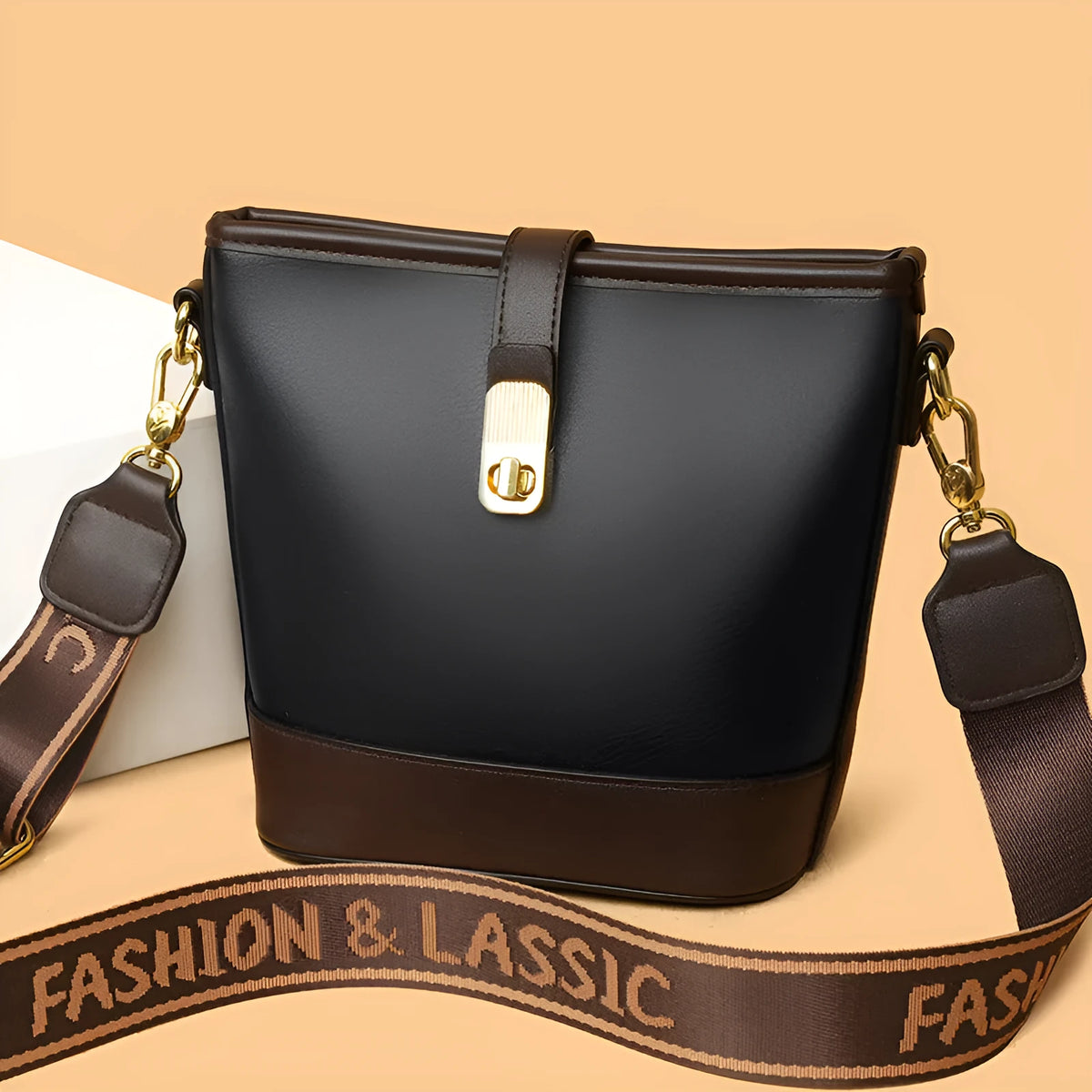 Black Korean style soft PU bucket messenger bag with double straps and external pocket