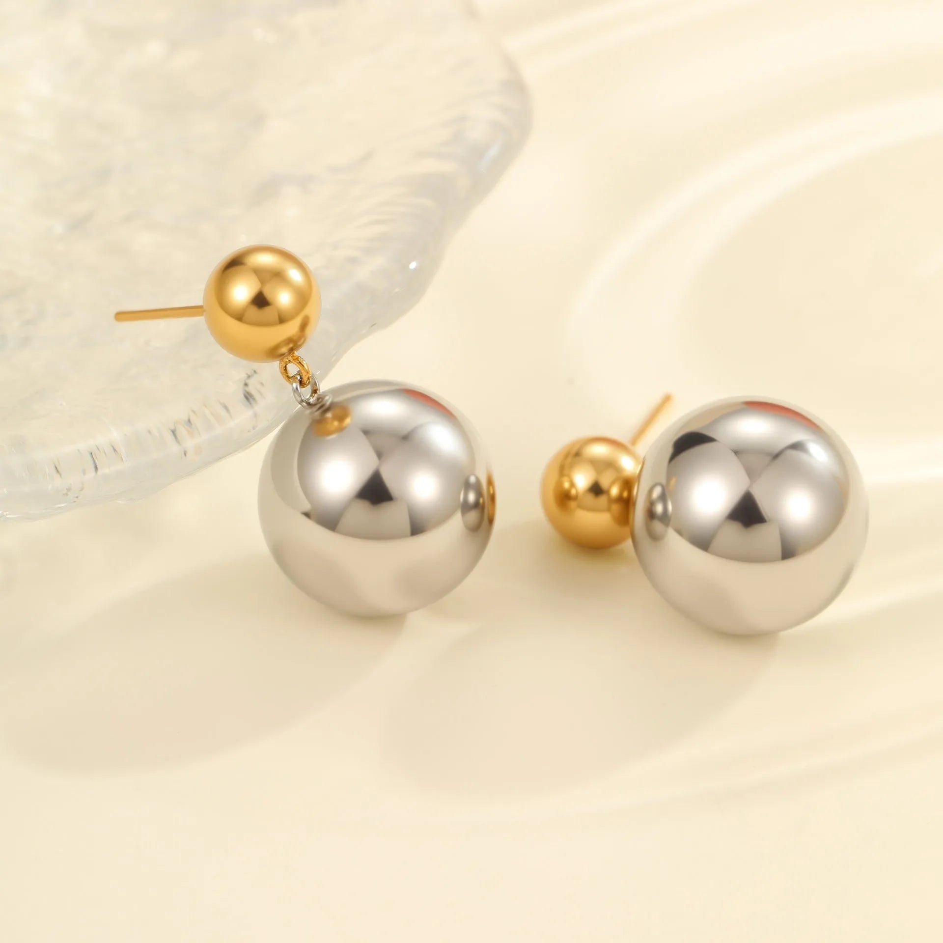 Stainless steel geometric ear studs with colour-block round beads and electroplated finish