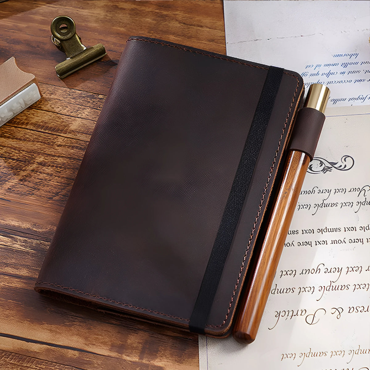 Handmade cowhide leather notebook open showing 100g wood-free paper with dark green cover