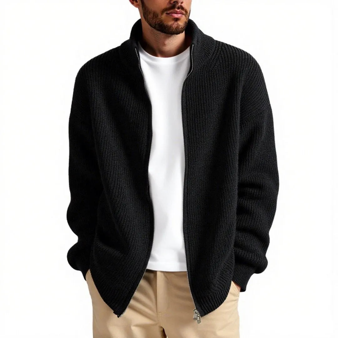 Men's loose grey cardigan sweater coat on a hanger