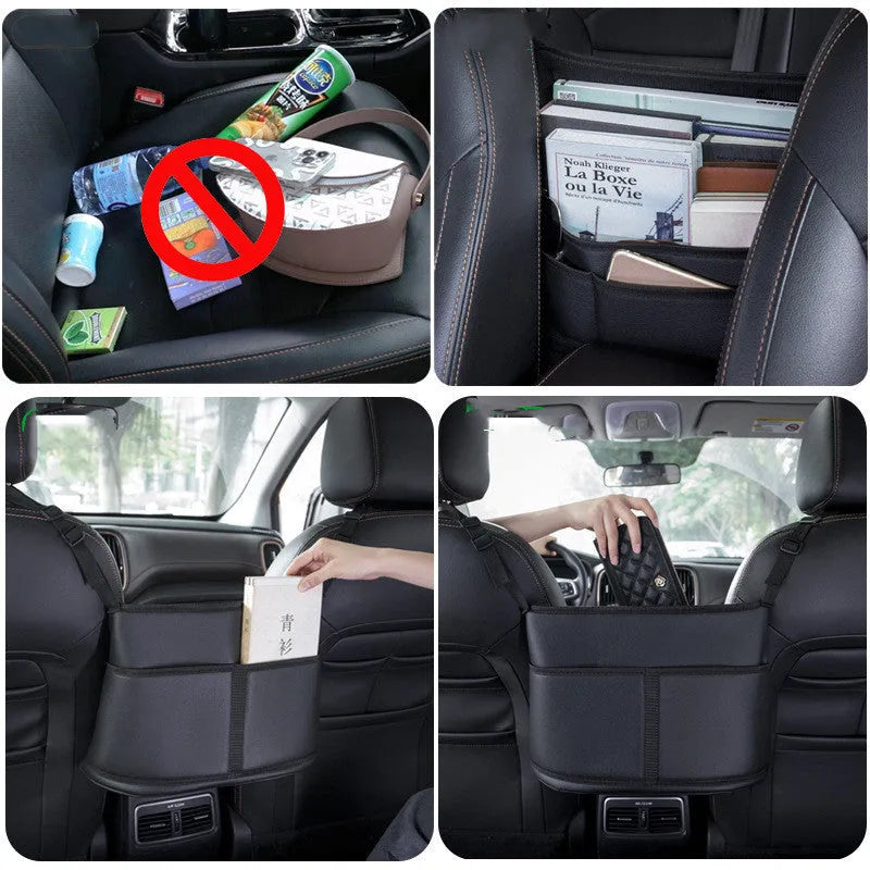 Black leather car seat storage bag with sports carbon fibre pattern measuring 38x24x15cm