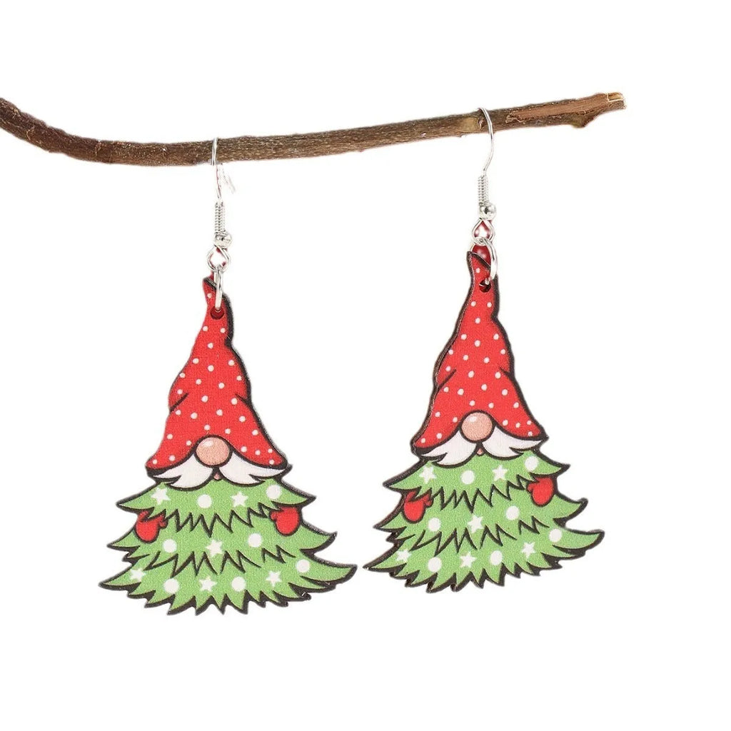Women's geometric wooden Christmas earrings with printed tree and snowman designs