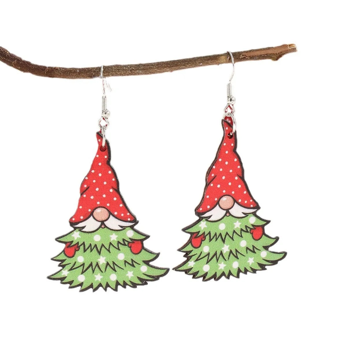 Women's geometric wooden Christmas earrings with printed tree and snowman designs
