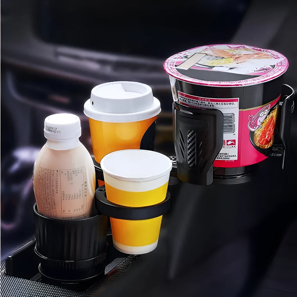 Carbon fibre black adjustable car cup holder with retractable base expanded to show size adjustment