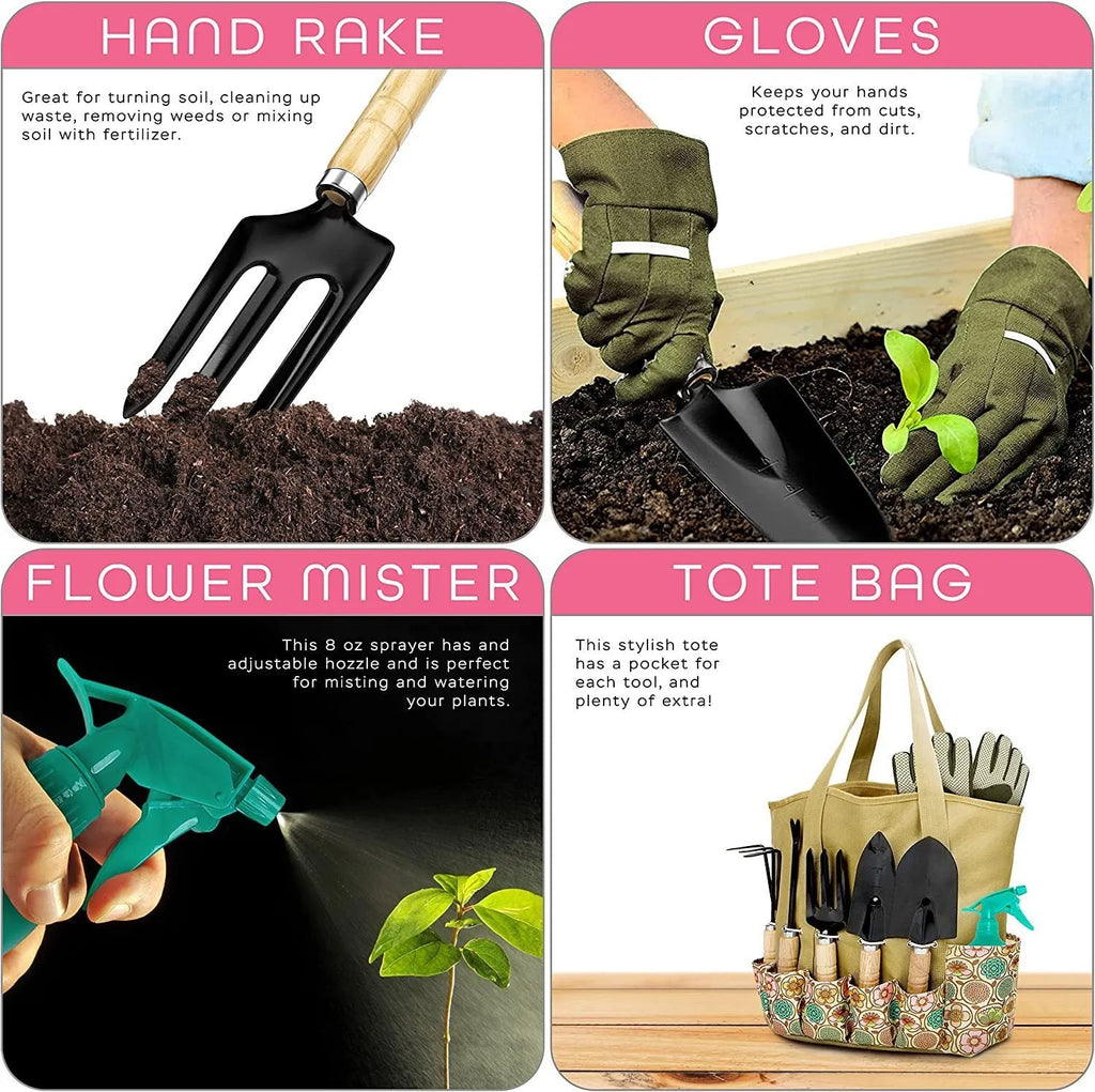 Set of eight stainless steel gardening hand tools including a trowel, weeder, and cultivator on a surface.