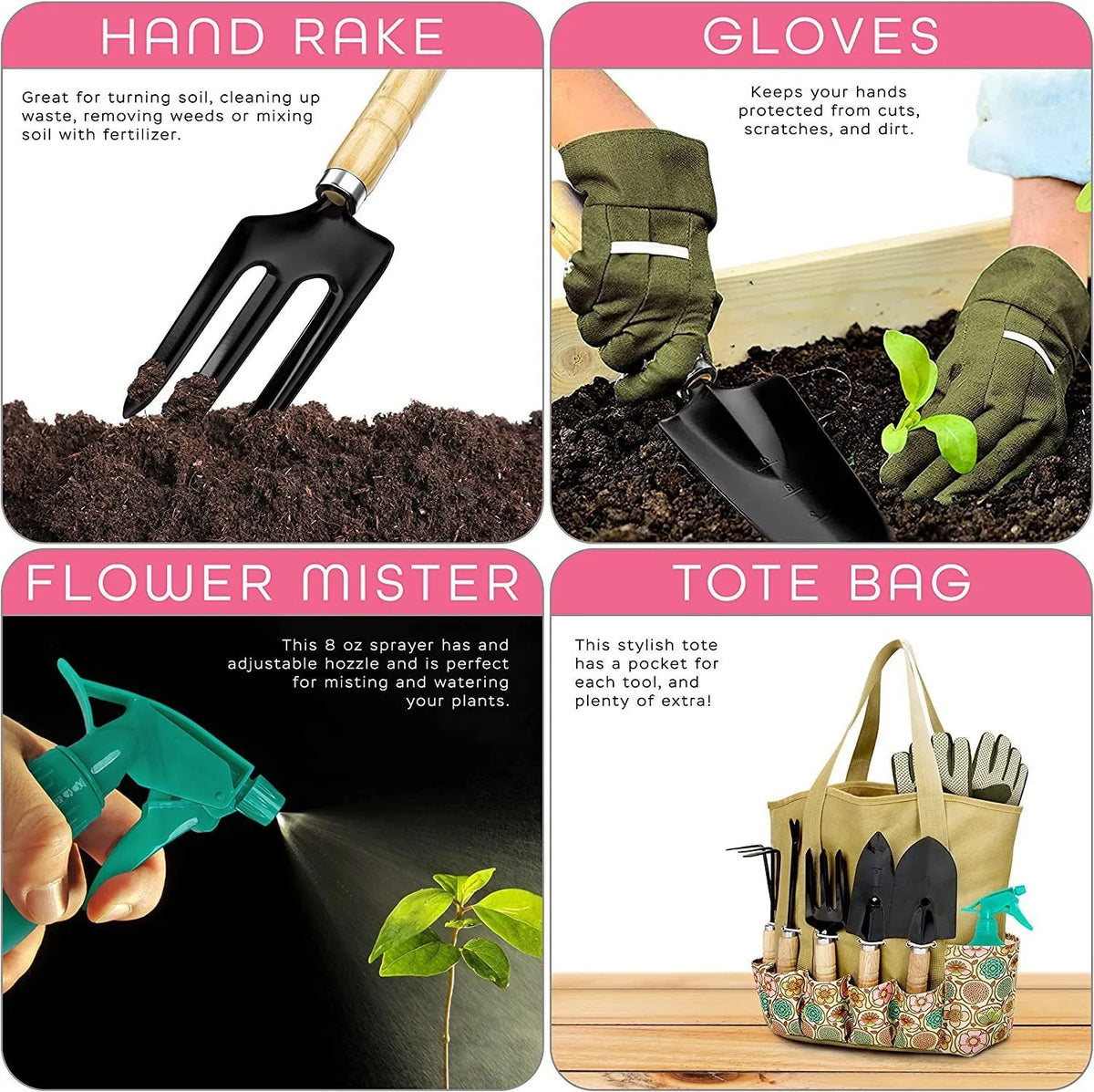 Set of eight stainless steel gardening hand tools including a trowel, weeder, and cultivator on a surface.