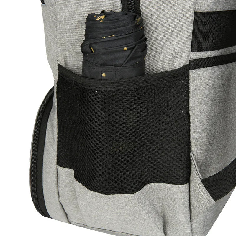 Light grey Oxford cloth insulated backpack with curved shoulder straps, shown with compartments open.