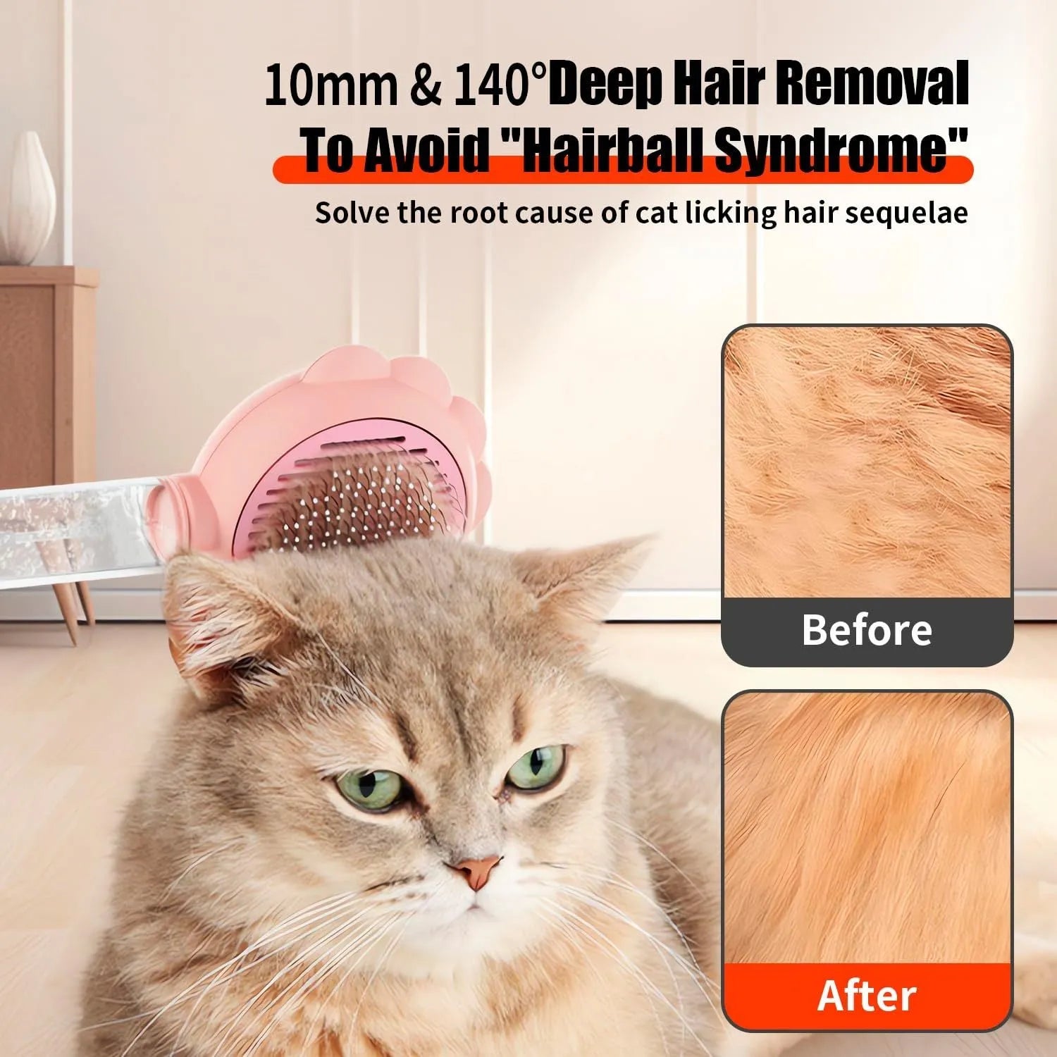 Grey spray cat grooming brush with a release button and stainless steel bristles on a wooden table.