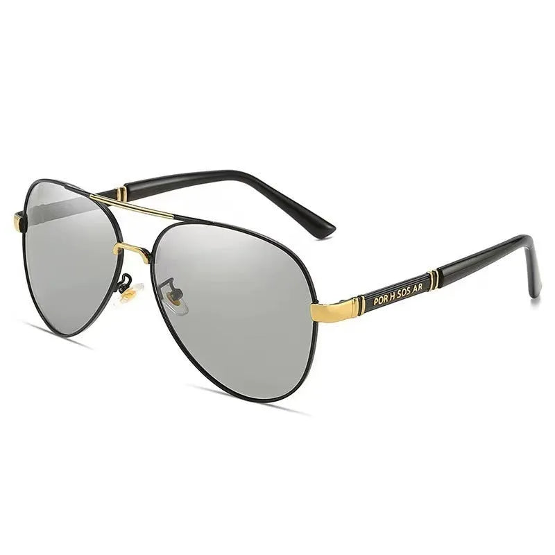 Men's metal frame polarised sunglasses in gold, black, or silver with grey or colour-changing lenses.