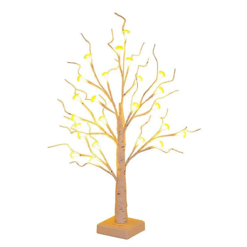 60cm tall white plastic birch tree LED lamp with 24 small mushroom-shaped lights