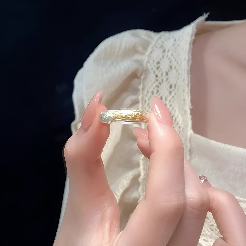 Traditional Xiangyun pattern white copper ring with electroplated silver gold finish and open mouth geometric design