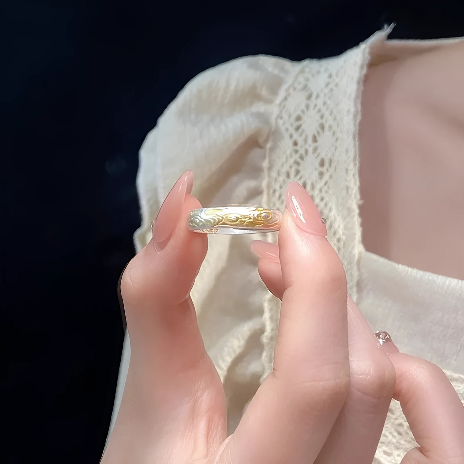 Traditional Xiangyun pattern white copper ring with electroplated silver gold finish and open mouth geometric design
