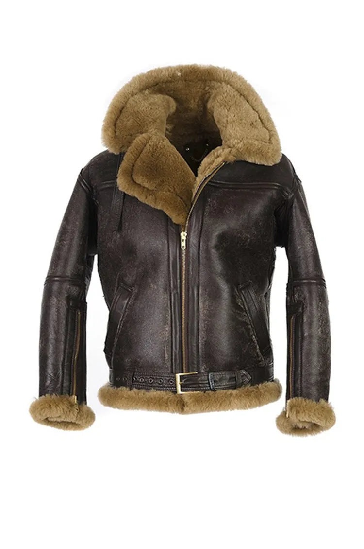 Men's brown synthetic leather retro fur coat with straight hem and side pockets