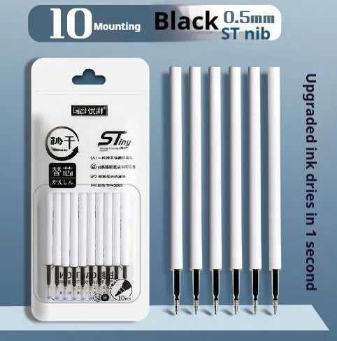 Pack of ten quick-drying gel pen refills in black, red, blue, and ink blue colours.