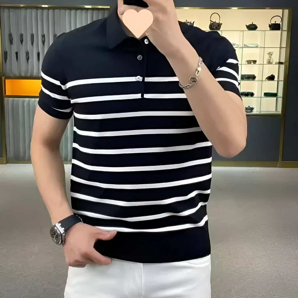 Black and white striped lapel knitted t-shirt pullover on hanger
