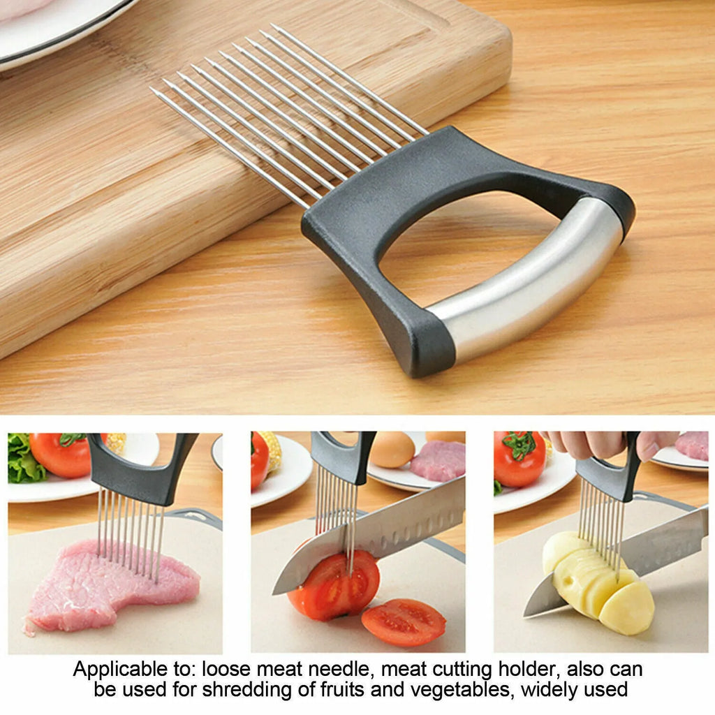 Stainless steel kitchen onion holder slicer with ABS handle measuring 14cm by 9.5cm