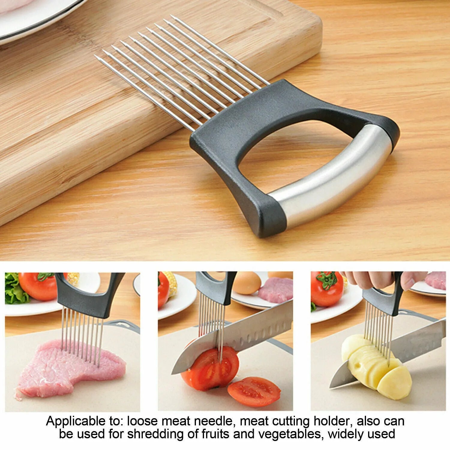 Stainless steel kitchen onion holder slicer with ABS handle measuring 14cm by 9.5cm
