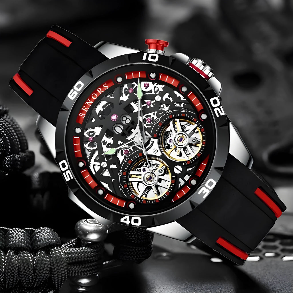 Automatic mechanical men's watch with luminous hands and skeleton dial on wrist