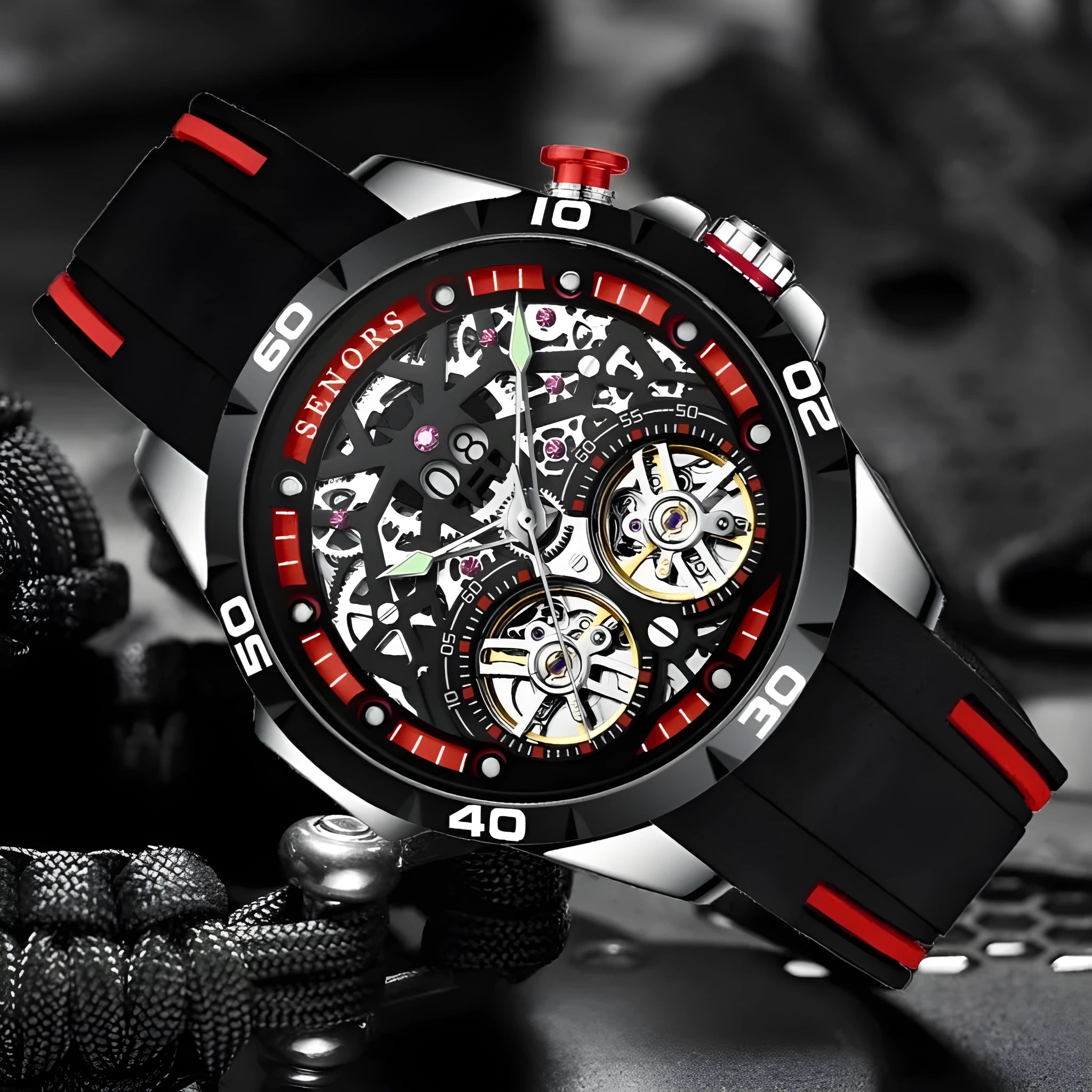 Automatic mechanical men's watch with luminous hands and skeleton dial on wrist