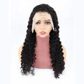 Solid colour half lace front human hair wig on a stand, showing long length options.