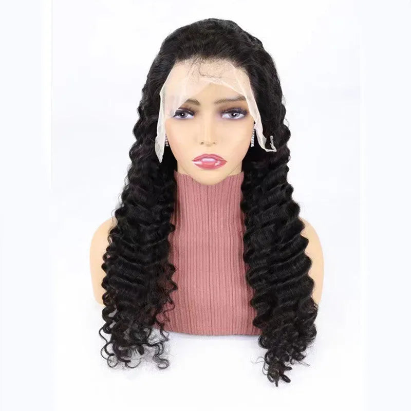 Solid colour half lace front human hair wig on a stand, showing long length options.