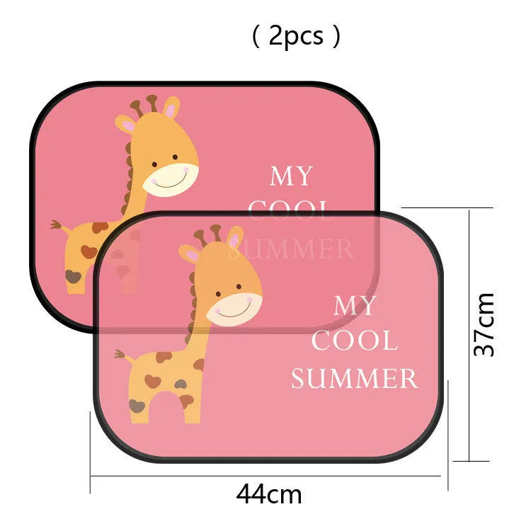 Pair of electrostatic cling animal-themed car sunshades made from nylon mesh for side windows.