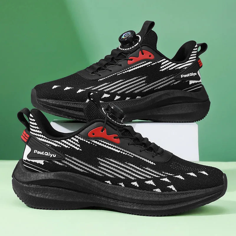 Men's white and green Fly-kit mesh running shoes with rotating buckle closure system on flat TPU sole