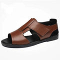 Men's black leather Roman sandals with open-toe design and rubber soles