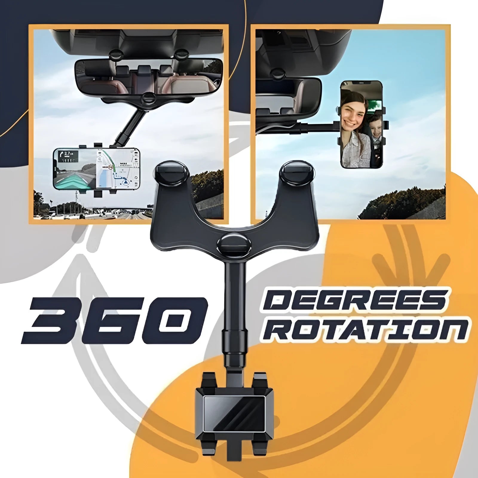 Black rearview mirror phone holder with 360-degree rotation mounted on car mirror holding mobile phone
