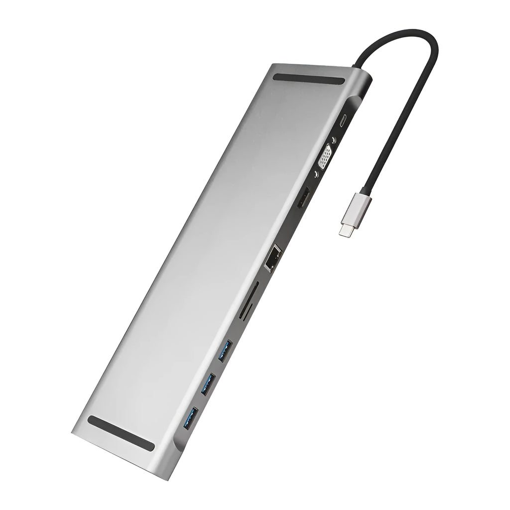Grey aluminium ten-port docking station with cooling bracket showing HDMI, VGA, and Ethernet ports