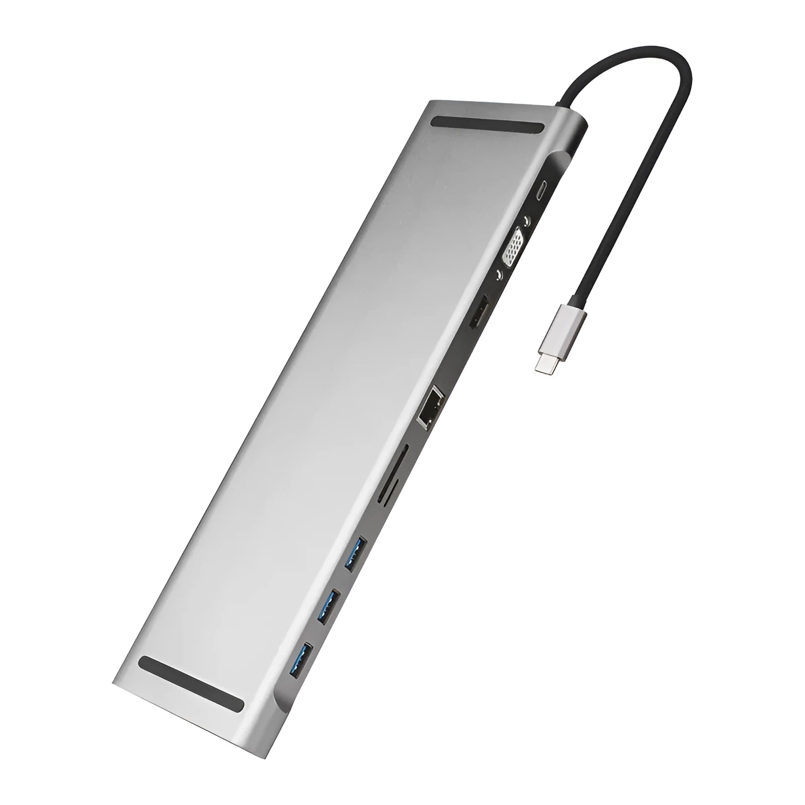 Grey aluminium ten-port docking station with cooling bracket showing HDMI, VGA, and Ethernet ports