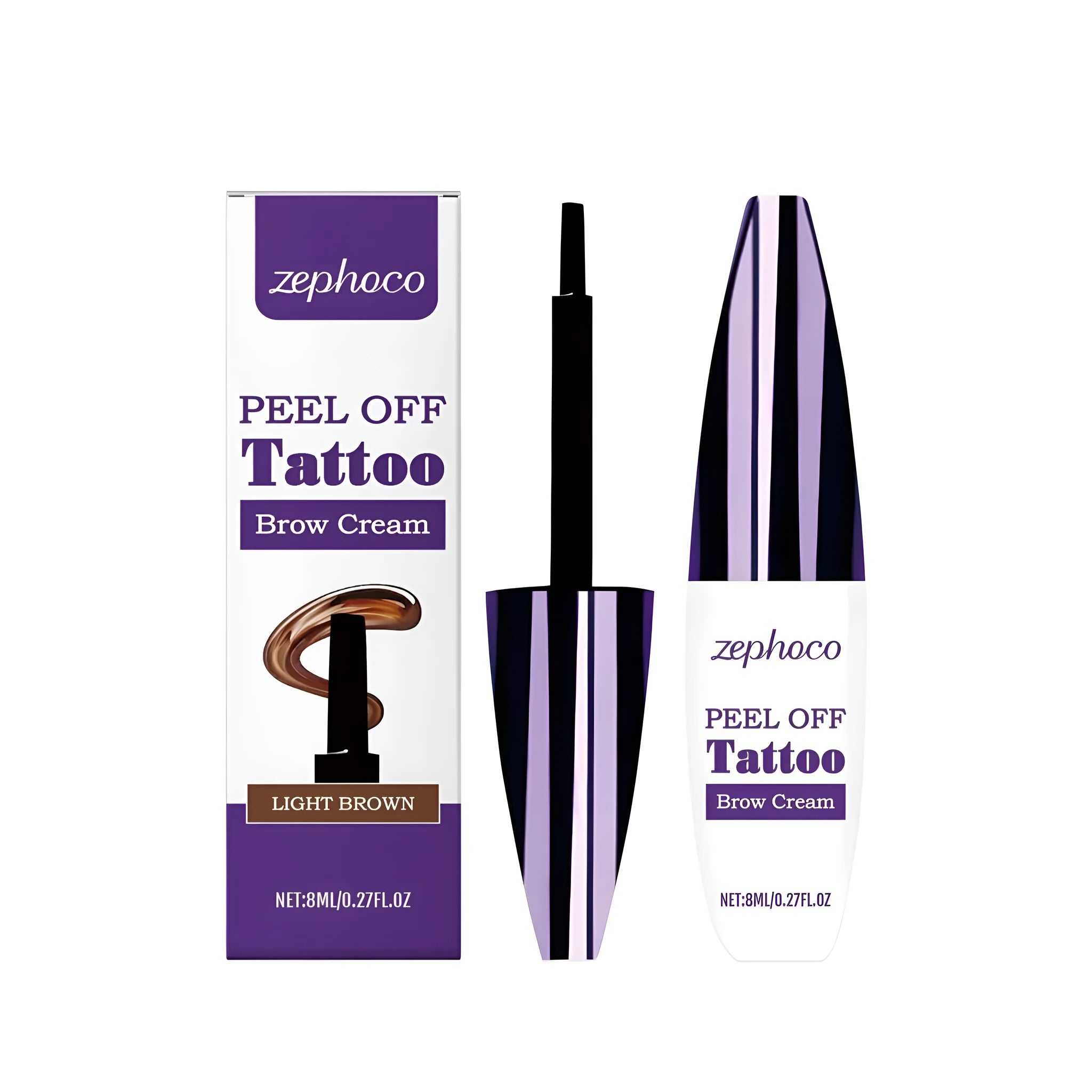 Liquid eyebrow pencil with a tearable tip shown in black, brown, and light brown shades.