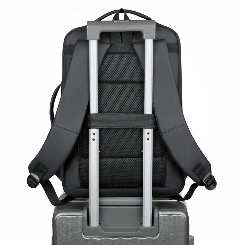 Men's black and grey waterproof Oxford cloth backpack with curved shoulder straps for business and outdoor travel