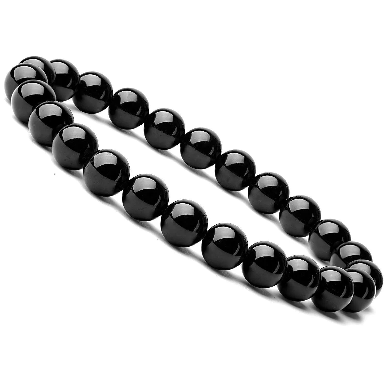 Geometric black onyx bead bracelet for women with elastic cord.