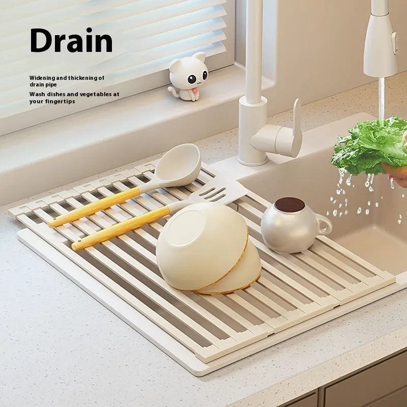 Milky white tri-fold stainless steel kitchen draining rack shown extended for use and folded for storage