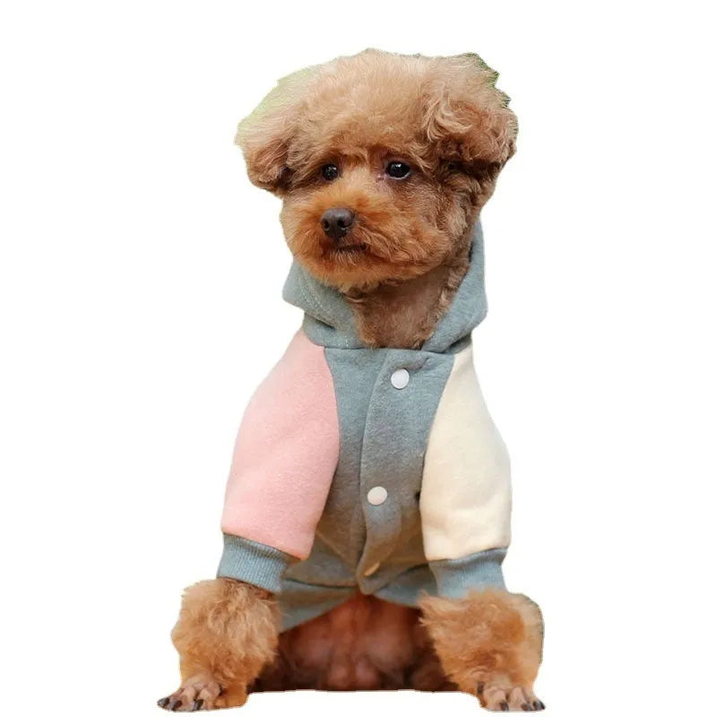 Cotton dog sweatshirt pet clothing in brown, green, or pink colours for canine leisure wear