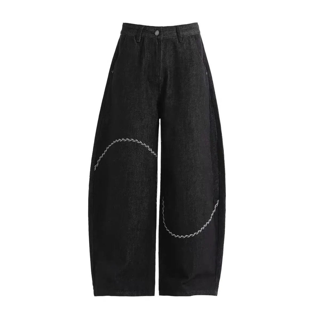 Black straight-leg men's trousers with mid-waist design and zip fly placket in micro-elastic polyester denim fabric