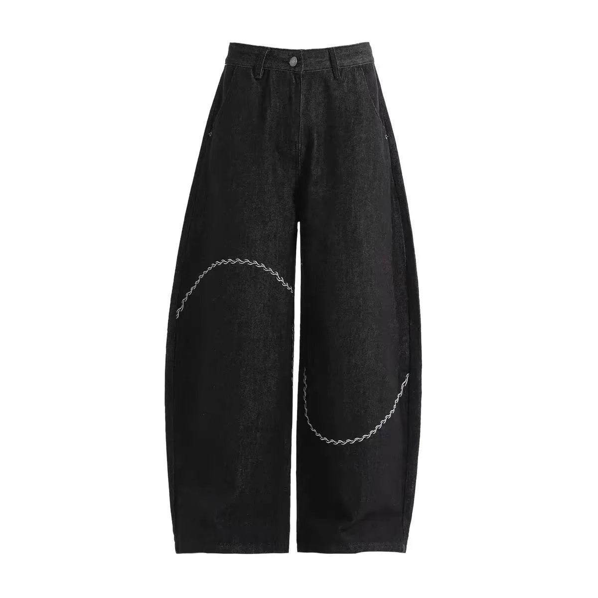 Black straight-leg men's trousers with mid-waist design and zip fly placket in micro-elastic polyester denim fabric