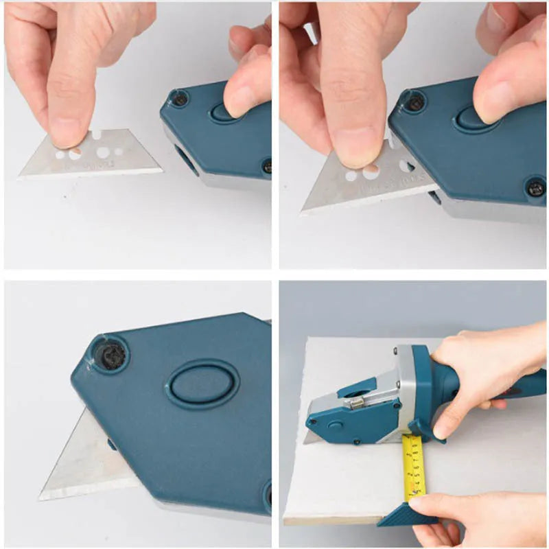 Blue multifunctional woodworking cutter tool with one-press lock and scale for cutting boards