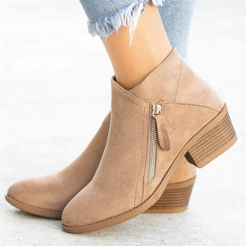 Women's suede boots with side zip and chunky heel in blue, black, beige, orange