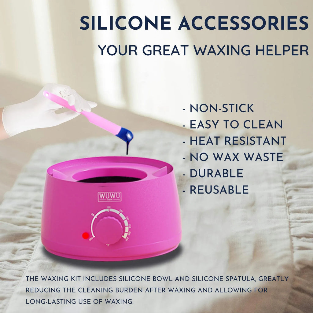 WUWUVISTA professional waxing kit with black smart wax warmer, coloured wax beads, applicators, and aftercare products.