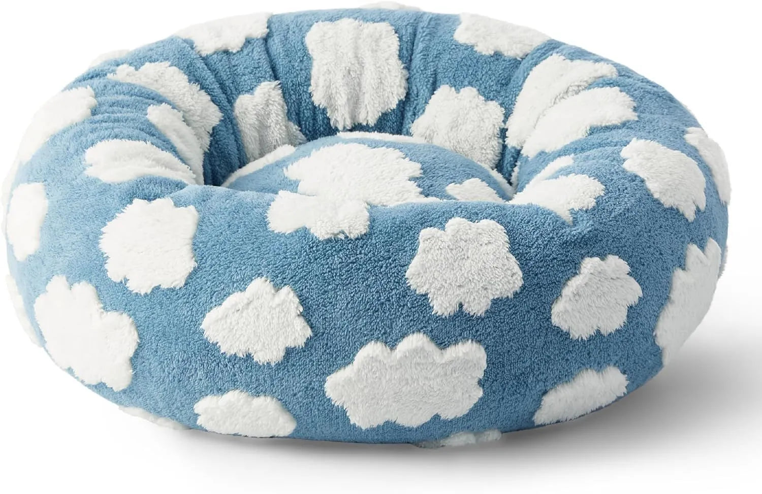 Round plaid dog bed with plastic base, shown in sea blue and white colour, with removable washable cover.