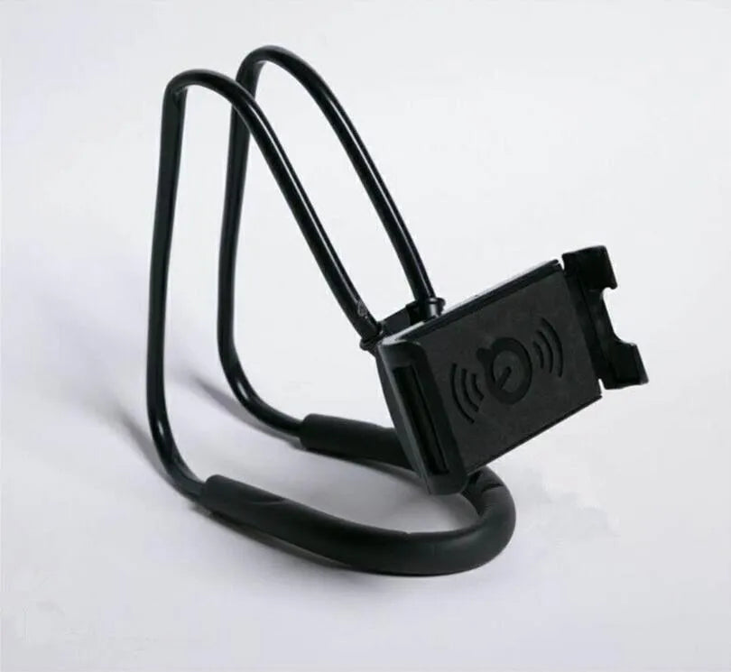 Universal smartphone holder showing 360-degree rotation, compatible with iPhone and Samsung phones, in multiple colours.