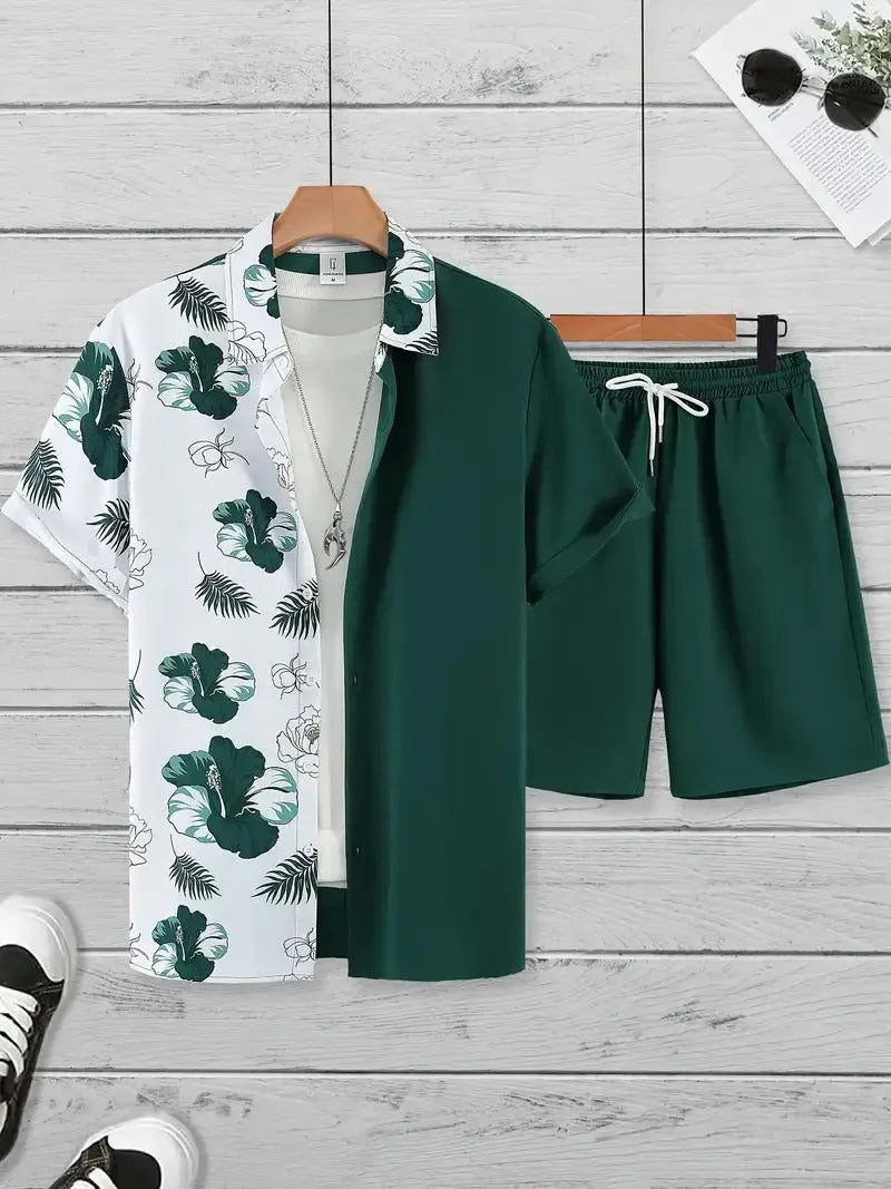 Men's 3D printed Hawaiian style short sleeve lounge suit with matching shorts on a mannequin