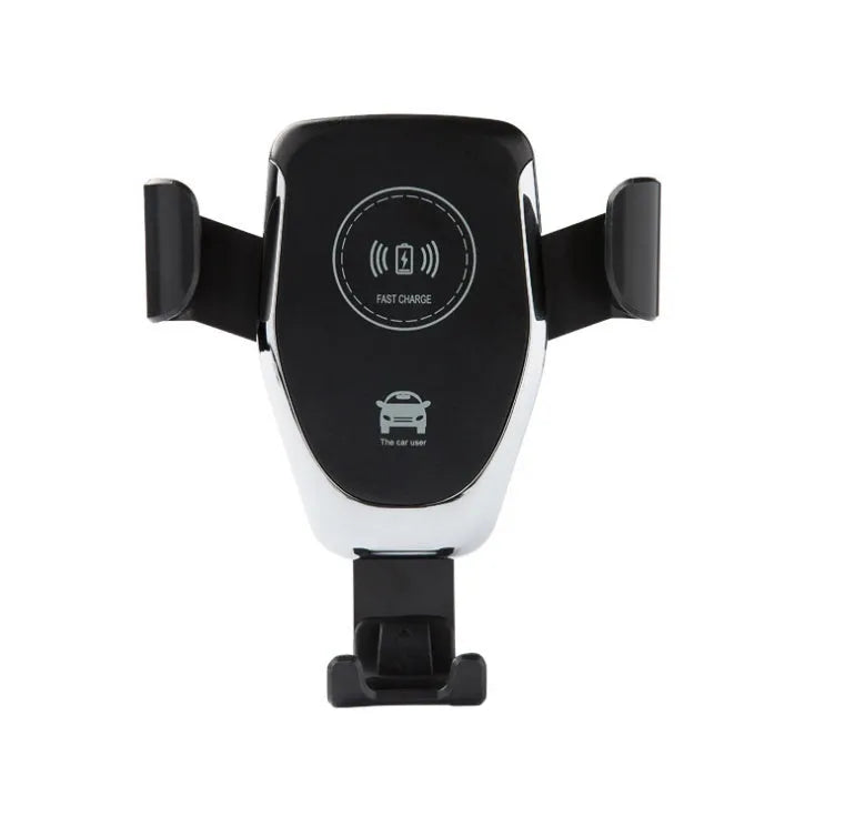 Black car wireless charger mount holding iPhone with automatic clamping arms visible