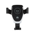 Black car wireless charger mount holding iPhone with automatic clamping arms visible